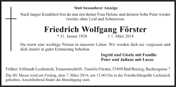 Anzeige von Friedrich Wolfgang Förster von Kölner Stadt-Anzeiger / Kölnische Rundschau / Express