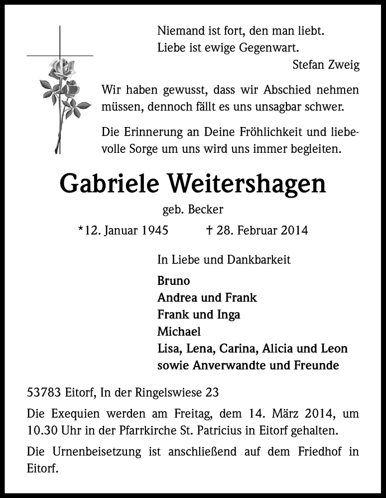  Traueranzeige für Gabriele Weitershagen vom 07.03.2014 aus Kölner Stadt-Anzeiger / Kölnische Rundschau / Express