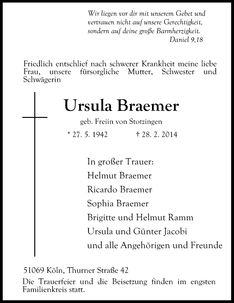  Traueranzeige für Ursula Braemer vom 08.03.2014 aus Kölner Stadt-Anzeiger / Kölnische Rundschau / Express