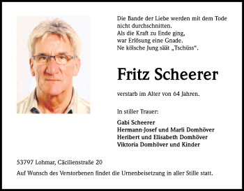 Anzeige von Fritz Scheerer von Kölner Stadt-Anzeiger / Kölnische Rundschau / Express