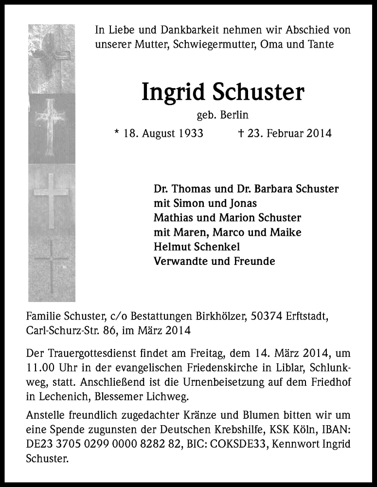  Traueranzeige für Ingrid Schuster vom 08.03.2014 aus Kölner Stadt-Anzeiger / Kölnische Rundschau / Express