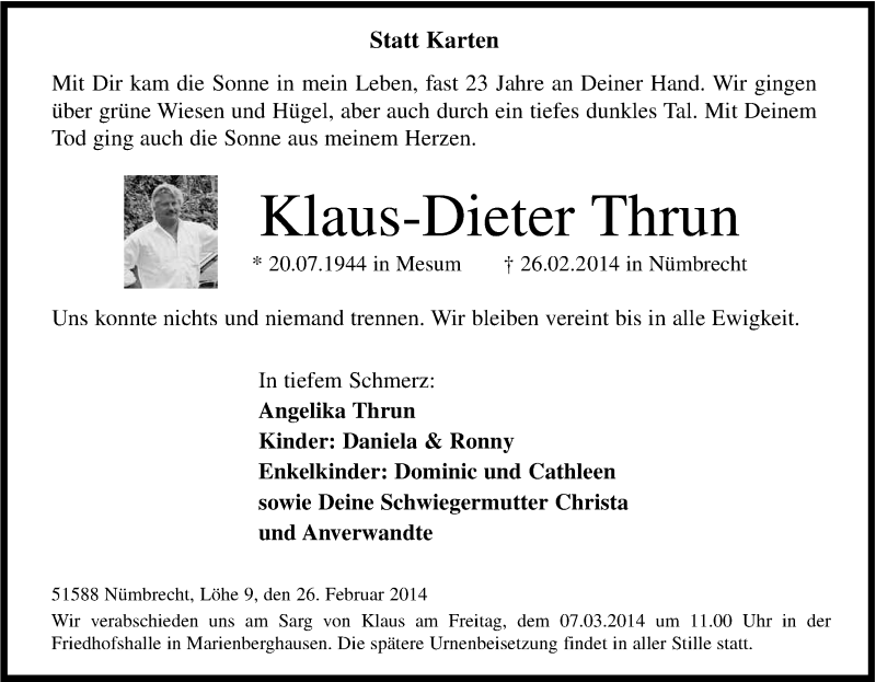  Traueranzeige für Klaus-Dieter Thrun vom 06.03.2014 aus Kölner Stadt-Anzeiger / Kölnische Rundschau / Express