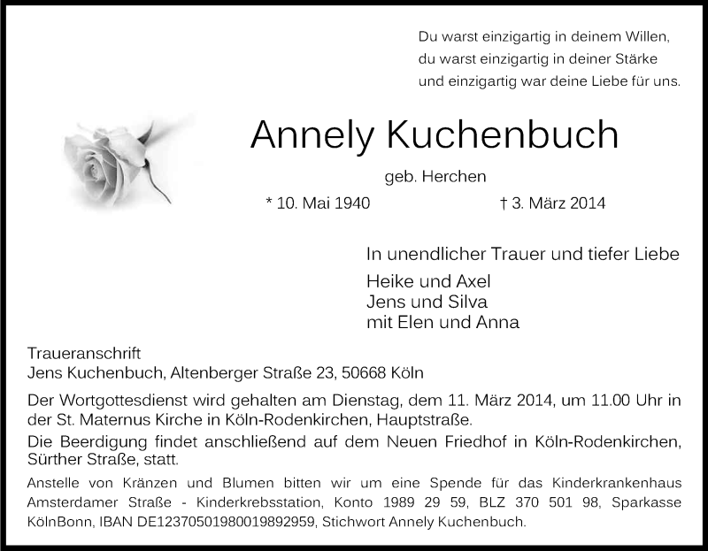  Traueranzeige für Annely Kuchenbuch vom 08.03.2014 aus Kölner Stadt-Anzeiger / Kölnische Rundschau / Express