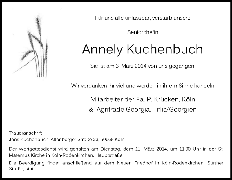  Traueranzeige für Annely Kuchenbuch vom 08.03.2014 aus Kölner Stadt-Anzeiger / Kölnische Rundschau / Express