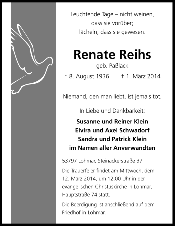 Anzeige von Renate Reihs von Kölner Stadt-Anzeiger / Kölnische Rundschau / Express