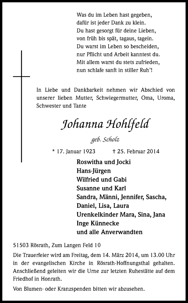  Traueranzeige für Johanna Hohlfeld vom 08.03.2014 aus Kölner Stadt-Anzeiger / Kölnische Rundschau / Express