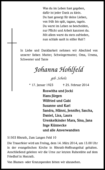 Anzeige von Johanna Hohlfeld von Kölner Stadt-Anzeiger / Kölnische Rundschau / Express