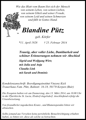Anzeige von Blandine Pütz von Kölner Stadt-Anzeiger / Kölnische Rundschau / Express