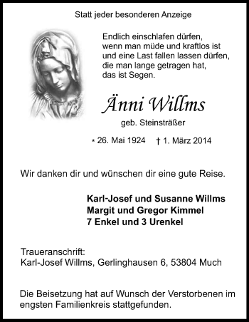 Anzeige von Änni Willms von Kölner Stadt-Anzeiger / Kölnische Rundschau / Express