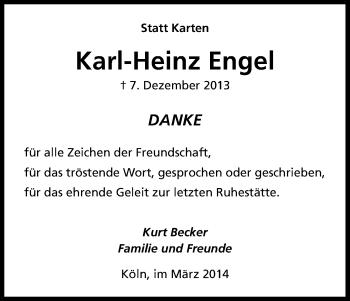Anzeige von Karl-Heinz Engel von Kölner Stadt-Anzeiger / Kölnische Rundschau / Express