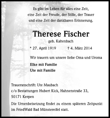 Anzeige von Therese Fischer von Kölner Stadt-Anzeiger / Kölnische Rundschau / Express