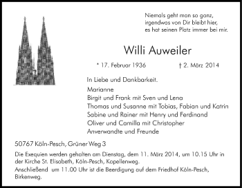 Anzeige von Willi Auweiler von Kölner Stadt-Anzeiger / Kölnische Rundschau / Express