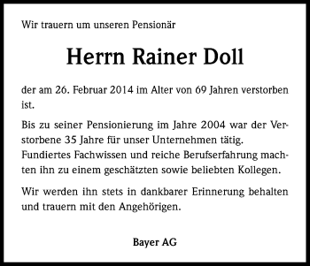 Anzeige von Rainer Doll von Kölner Stadt-Anzeiger / Kölnische Rundschau / Express