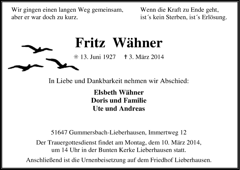  Traueranzeige für Fritz Wähner vom 08.03.2014 aus Kölner Stadt-Anzeiger / Kölnische Rundschau / Express