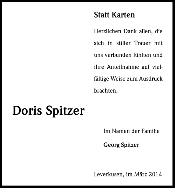 Anzeige von Doris Spitzer von Kölner Stadt-Anzeiger / Kölnische Rundschau / Express