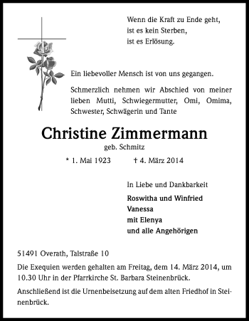 Anzeige von Christine Zimmermann von Kölner Stadt-Anzeiger / Kölnische Rundschau / Express