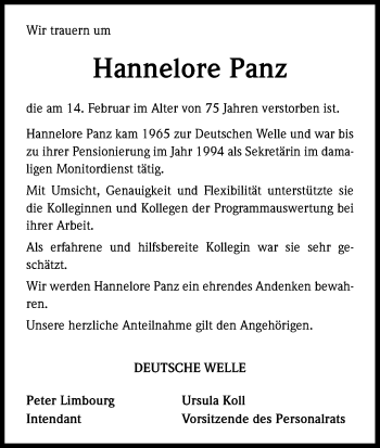 Anzeige von Hannelore Panz von Kölner Stadt-Anzeiger / Kölnische Rundschau / Express