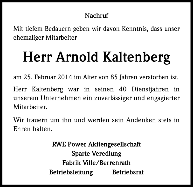  Traueranzeige für Arnold Kaltenberg vom 10.03.2014 aus Kölner Stadt-Anzeiger / Kölnische Rundschau / Express
