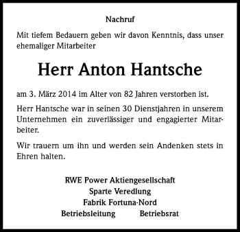 Anzeige von Anton Hantsche von Kölner Stadt-Anzeiger / Kölnische Rundschau / Express