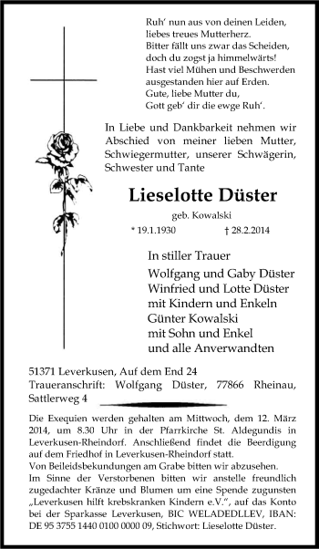 Anzeige von Lieselotte Düster von Kölner Stadt-Anzeiger / Kölnische Rundschau / Express