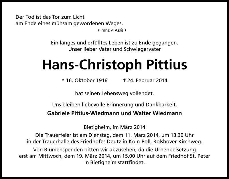  Traueranzeige für Hans-Christoph Pittius vom 08.03.2014 aus Kölner Stadt-Anzeiger / Kölnische Rundschau / Express