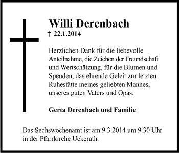 Anzeige von Willi Derenbach von Kölner Stadt-Anzeiger / Kölnische Rundschau / Express