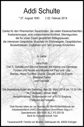 Anzeige von Addi Schulte von Kölner Stadt-Anzeiger / Kölnische Rundschau / Express