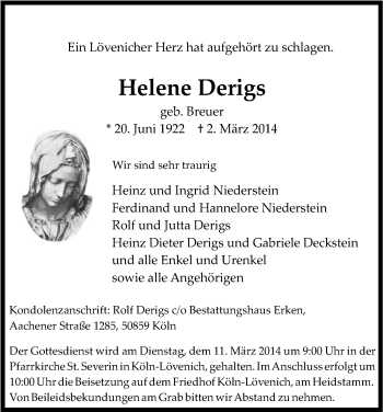 Anzeige von Helene Derigs von Kölner Stadt-Anzeiger / Kölnische Rundschau / Express