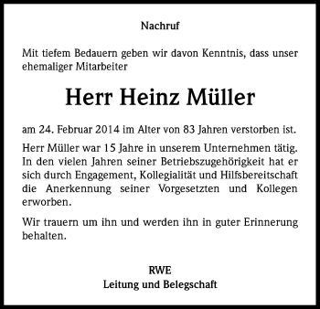 Anzeige von Heinz Müller von Kölner Stadt-Anzeiger / Kölnische Rundschau / Express