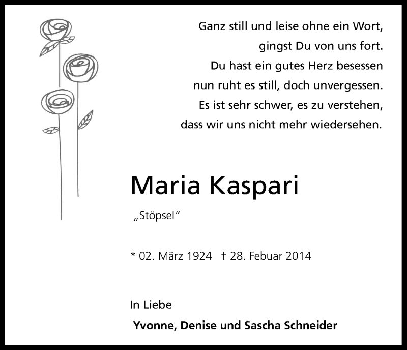  Traueranzeige für Maria Kaspari vom 08.03.2014 aus Kölner Stadt-Anzeiger / Kölnische Rundschau / Express