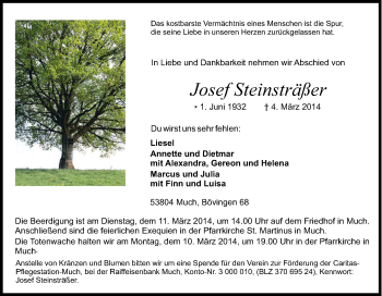 Anzeige von Josef Steinsträßer von Kölner Stadt-Anzeiger / Kölnische Rundschau / Express