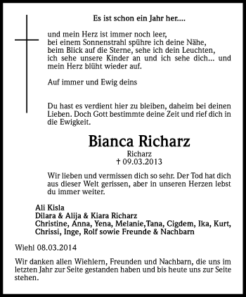 Anzeige von Bianca Richarz von Kölner Stadt-Anzeiger / Kölnische Rundschau / Express