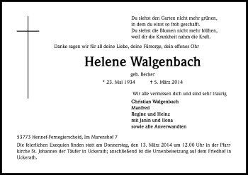 Anzeige von Helene Walgenbach von Kölner Stadt-Anzeiger / Kölnische Rundschau / Express