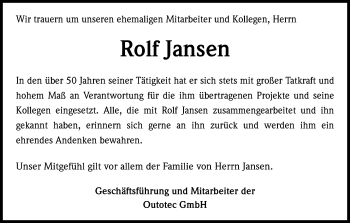 Anzeige von Rolf Jansen von Kölner Stadt-Anzeiger / Kölnische Rundschau / Express