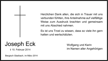 Anzeige von Joseph Eck von Kölner Stadt-Anzeiger / Kölnische Rundschau / Express