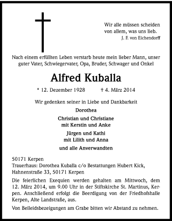 Anzeige von Alfred Kuballa von Kölner Stadt-Anzeiger / Kölnische Rundschau / Express