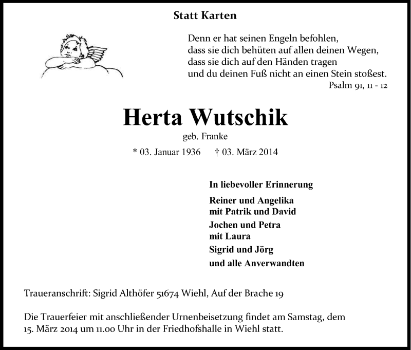  Traueranzeige für Herta Wutschik vom 07.03.2014 aus Kölner Stadt-Anzeiger / Kölnische Rundschau / Express