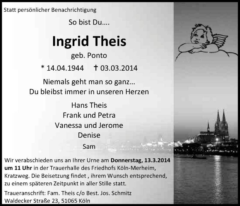 Traueranzeige für Ingrid Theis vom 08.03.2014 aus Kölner Stadt-Anzeiger / Kölnische Rundschau / Express