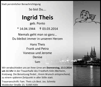 Anzeige von Ingrid Theis von Kölner Stadt-Anzeiger / Kölnische Rundschau / Express