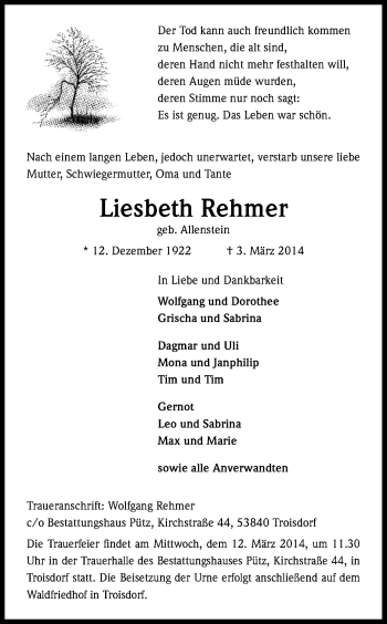 Anzeige von Liesbeth Rehmer von Kölner Stadt-Anzeiger / Kölnische Rundschau / Express