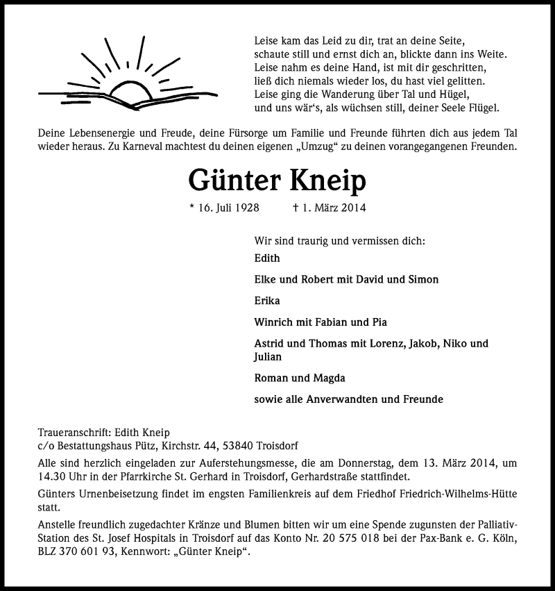  Traueranzeige für Günter Kneip vom 08.03.2014 aus Kölner Stadt-Anzeiger / Kölnische Rundschau / Express