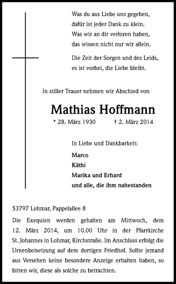 Anzeige von Mathias Hoffmann von Kölner Stadt-Anzeiger / Kölnische Rundschau / Express