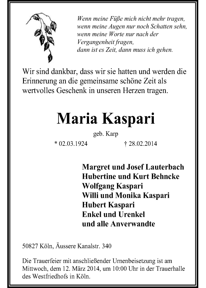  Traueranzeige für Maria Kaspari vom 08.03.2014 aus Kölner Stadt-Anzeiger / Kölnische Rundschau / Express