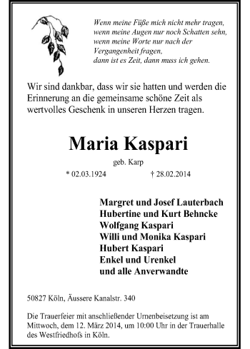 Anzeige von Maria Kaspari von Kölner Stadt-Anzeiger / Kölnische Rundschau / Express