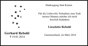 Anzeige von Gerhard Rebohl von Kölner Stadt-Anzeiger / Kölnische Rundschau / Express