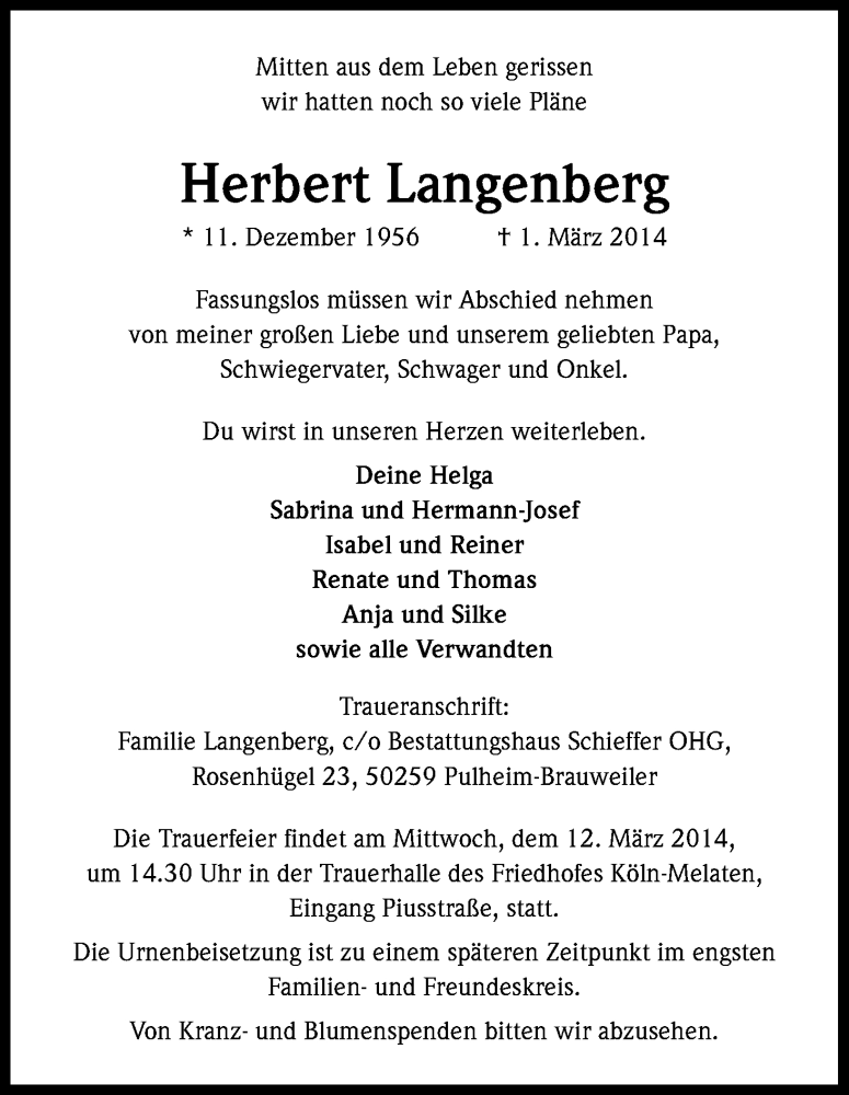  Traueranzeige für Herbert Langenberg vom 08.03.2014 aus Kölner Stadt-Anzeiger / Kölnische Rundschau / Express