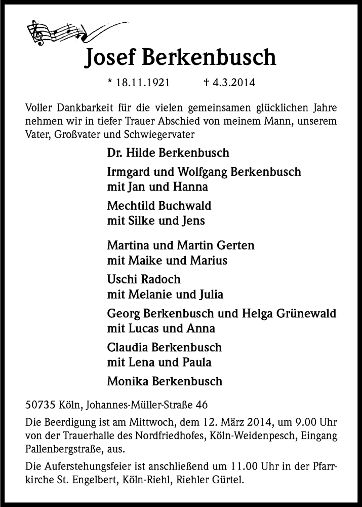  Traueranzeige für Josef Berkenbusch vom 08.03.2014 aus Kölner Stadt-Anzeiger / Kölnische Rundschau / Express