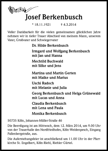 Anzeige von Josef Berkenbusch von Kölner Stadt-Anzeiger / Kölnische Rundschau / Express