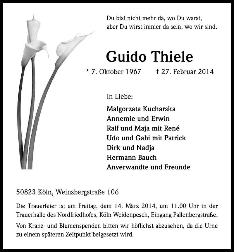  Traueranzeige für Guido Thiele vom 08.03.2014 aus Kölner Stadt-Anzeiger / Kölnische Rundschau / Express