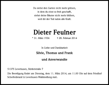 Anzeige von Dieter Feulner von Kölner Stadt-Anzeiger / Kölnische Rundschau / Express